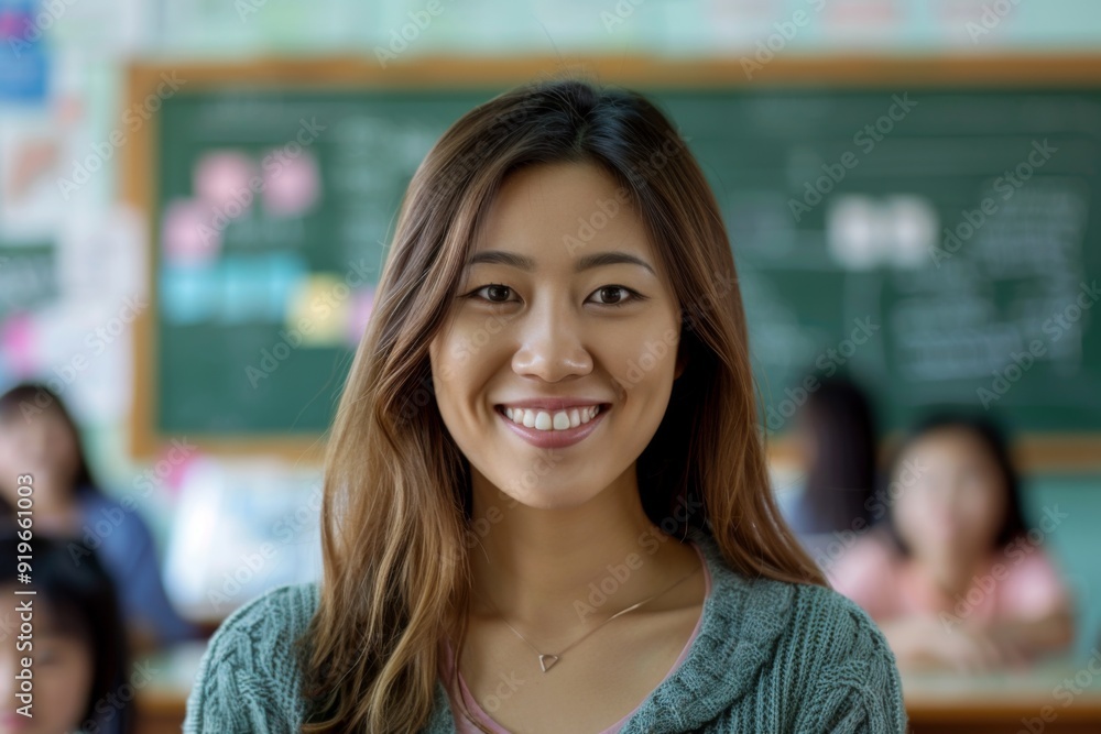 Portrait of a young smiling female teacher classroom Portrait of a young smiling female teacher classroom