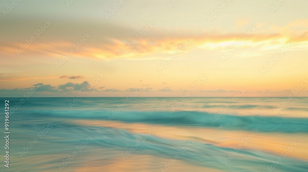 Fototapeta premium Blurry beach backdrop with yellow and blue sky at sunrise