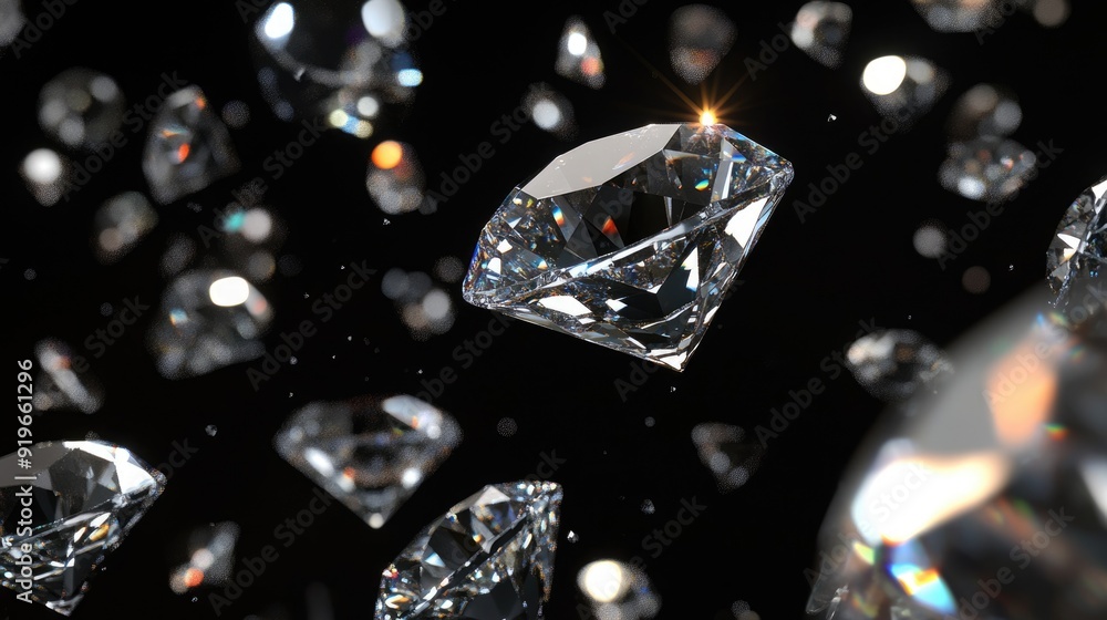 Three-dimensional Diamonds Falling on Abstract Black Background. Fashion Brilliant Crystal Gemstones Three-dimensional Diamonds Falling on Abstract Black Background. Fashion Brilliant Crystal Gemstones
