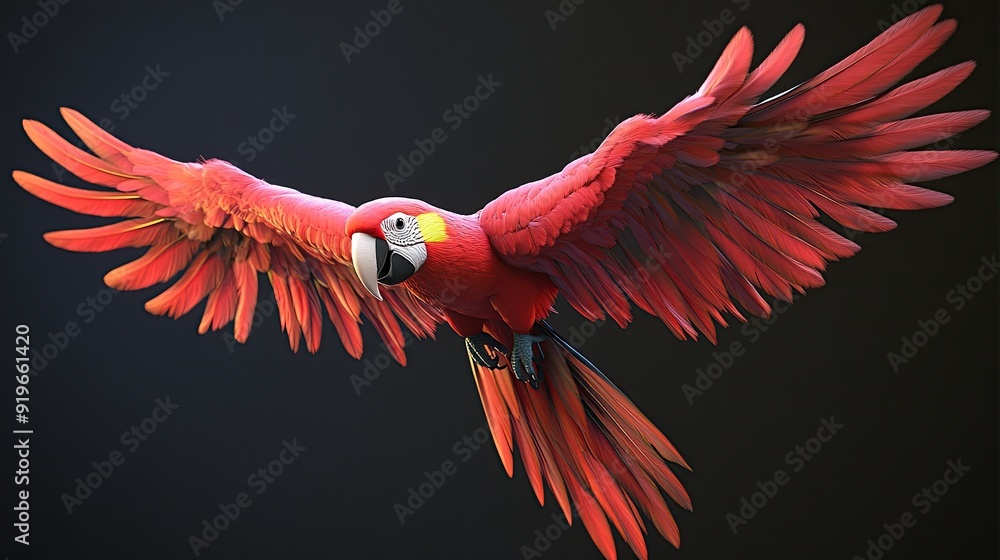 Obraz premium A Scarlet Macaw with vibrant red and yellow feathers flies in mid-air with its wings spread wide against a black background.