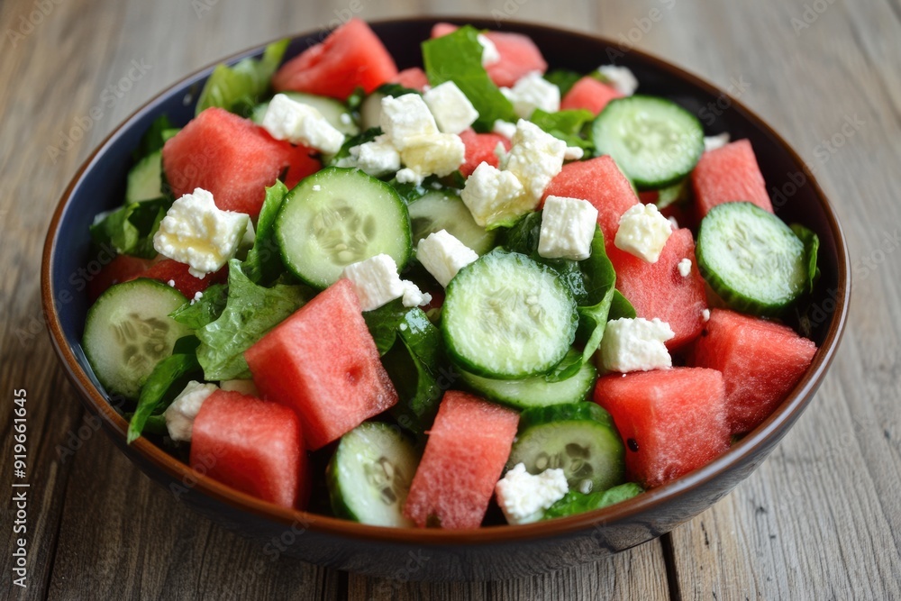 Watermelon Cucumber Salad. Refreshing Summer Salad with Feta Cheese and Healthy Ingredients Watermelon Cucumber Salad. Refreshing Summer Salad with Feta Cheese and Healthy Ingredients