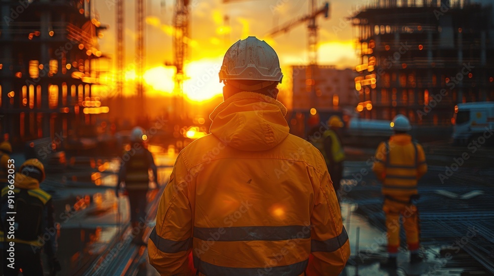A construction worker walks towards the sunset on a busy city street. A construction worker walks towards the sunset on a busy city street.