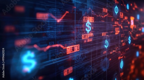 Futuristic digital interface featuring financial symbols, graphs, and glowing elements for business and technology themes.