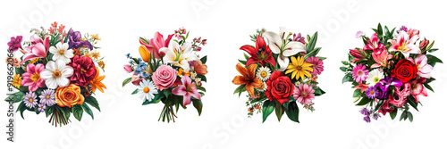 Set of Colorful Flower Bouquet isolated on transparent png background