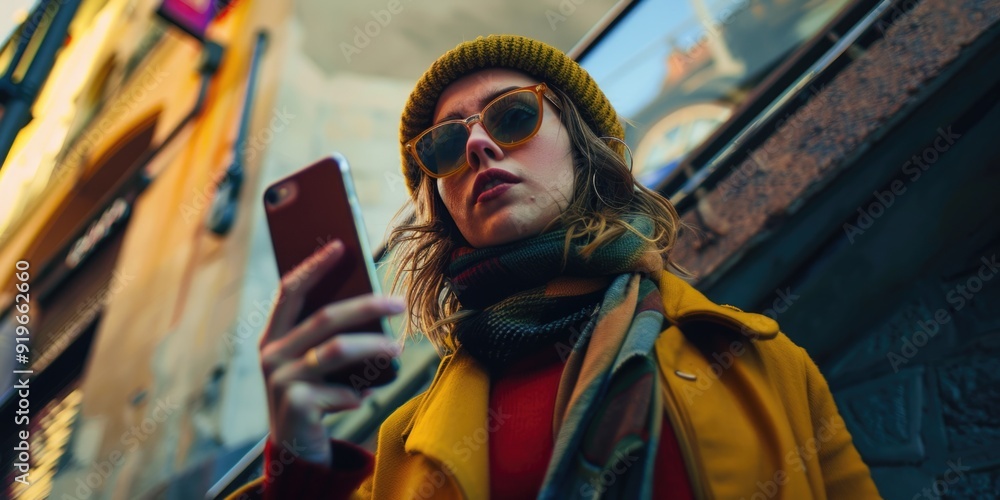 Person in fashionable outfit taking smartphone photo on city street at night. Person in fashionable outfit taking smartphone photo on city street at night.