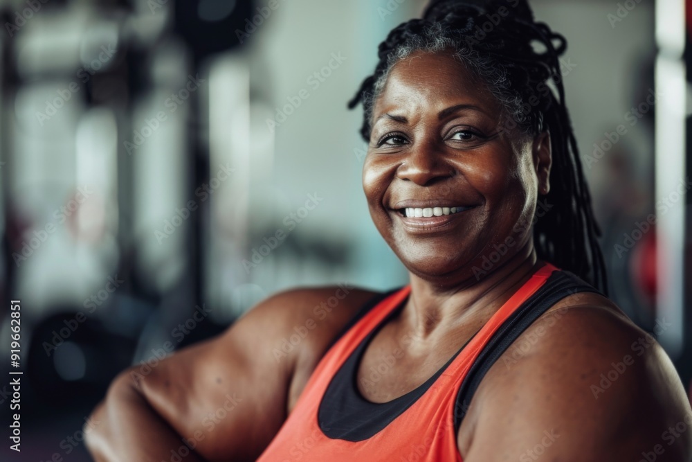 Smiling portrait of a middle aged slightly overweight black woman in gym Smiling portrait of a middle aged slightly overweight black woman in gym