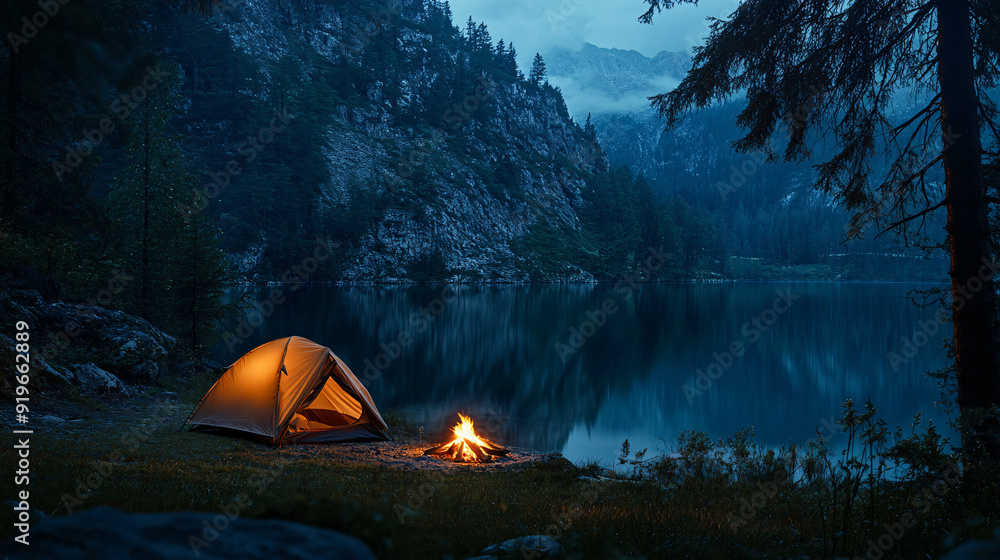 camping near bright fire in spruce forest under starry magical sky, around campfire, enjoying fresh air near tent. Tourism, camping concept. camping near bright fire in spruce forest under starry magical sky, around campfire, enjoying fresh air near tent. Tourism, camping concept.