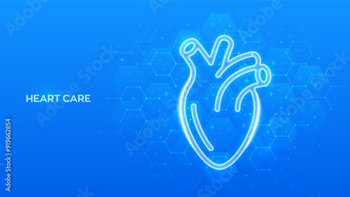 Heart icon. Cardiology concept. Human heart anatomy organ. Healthcare. Treatment of heart disease. World health day. Molecular structure. Blue medical background with hexagons. Vector illustration.