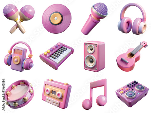 Set of musical instruments and equipment 3d pink icons including maracas, guitar, dj console, microphone, headphones, synthesizer, tambourine