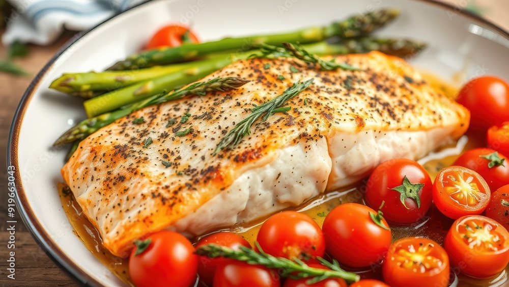 Baked salmon garnished with asparagus and tomatoes with herbs Baked salmon garnished with asparagus and tomatoes with herbs