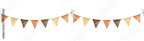 Garland seamless border in autumn orange and yellow colors for harvest festival greeting cards or Halloween invitations. Watercolor illustration with triangle pennant. Pattern with bunting for banner.
