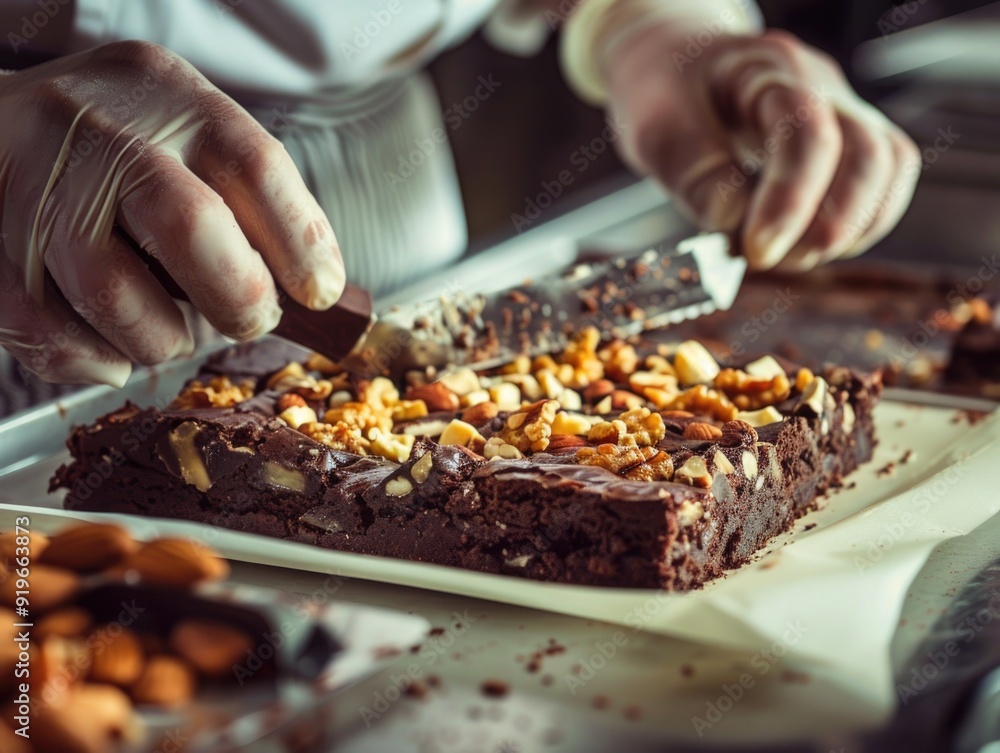 A close up view of a chocolate brownie with crushed nuts on top being prepared by chef hands in the kitchen. A close up view of a chocolate brownie with crushed nuts on top being prepared by chef hands in the kitchen.