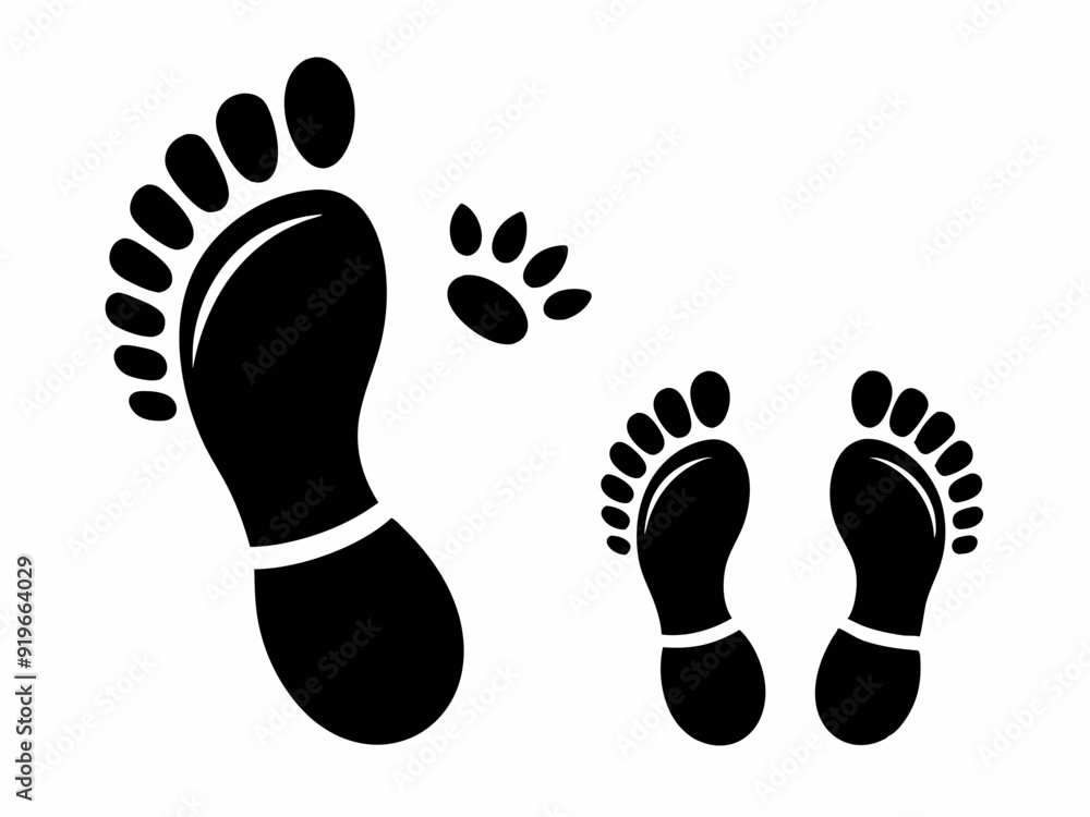 Human footprint. Black silhouette people barefoot, leg imprint, shoes and boot feet. Walking Woman and man shoe steps isolated on white background. Vector set
Human footprint. Black silhouette people barefoot, leg imprint, shoes and boot feet. Walking Woman and man shoe steps isolated on white background. Vector set