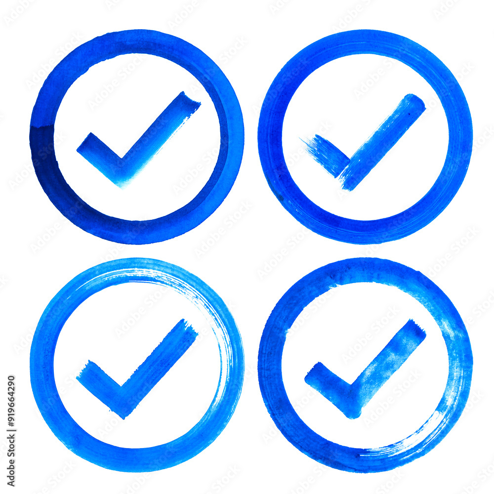 collection of hand painted blue circular watercolor with a checkmark isolated transparent background, artistic design, verification, approval, confirmation or completion symbols. collection of hand painted blue circular watercolor with a checkmark isolated transparent background, artistic design, verification, approval, confirmation or completion symbols.