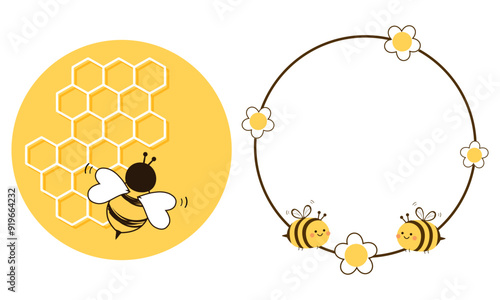 Beehive honey sign, cute flower and bee cartoons on circle label isolated on white background vector.