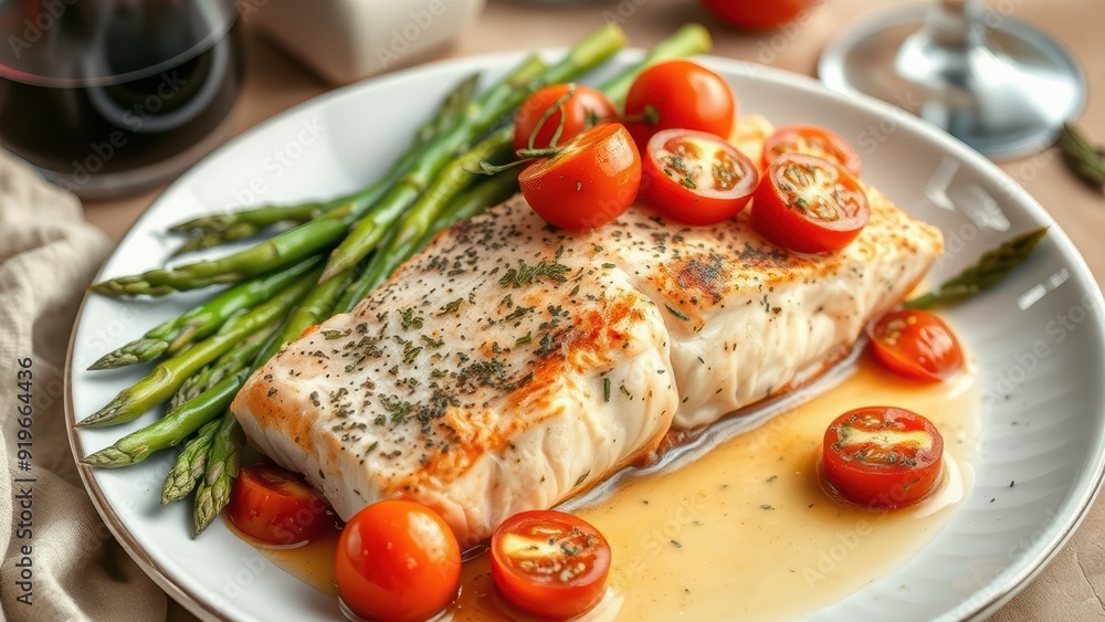 Baked salmon garnished with asparagus and tomatoes with herbs Baked salmon garnished with asparagus and tomatoes with herbs