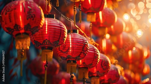 Chinese lanterns lit in the evening sky, creating a beautiful display of color and light.