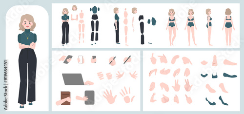 Business woman avatar creation suitable for animation. Generator, constructor of diverse views of face, body, hands and leg parts. Female character construction for comfortable fast motion design.