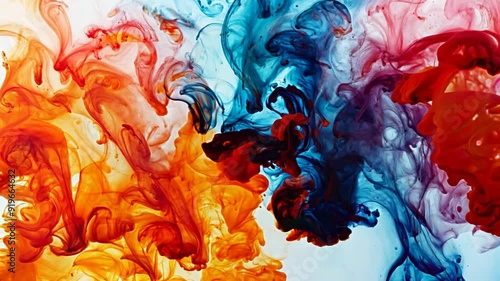 Wallpaper Mural Colorful Ink paint drops in water, white background. Flowing and splashing in liquid. Abstract motion background, backdrop. Slow motion 3D animation.  Torontodigital.ca