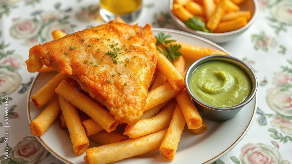 Fish & Chips served with Green Pea Paste and Tartar Sauce on a beautiful table Fish & Chips served with Green Pea Paste and Tartar Sauce on a beautiful table