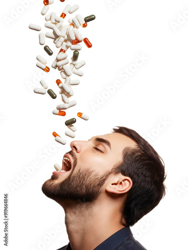 Lots of pills and bio supplements falling from above into man's open mouth, isolated in profile