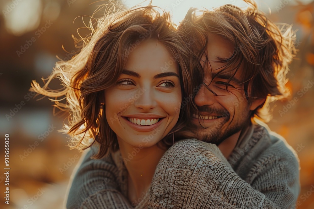 A happy man is carrying his wife on his back, smiling and looking at the camera. A happy man is carrying his wife on his back, smiling and looking at the camera.