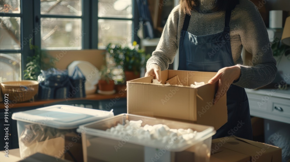 The woman packing boxes The woman packing boxes