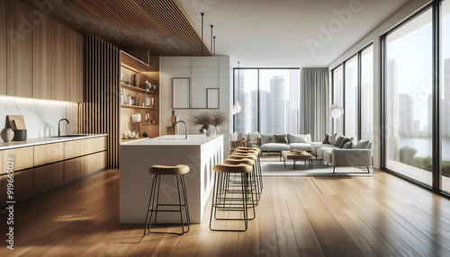 A modern minimalist home interior design with clean lines, sleek furniture, and neutral color palette, featuring an open-concept living space connected to a spacious kitchen, bathed in natural light