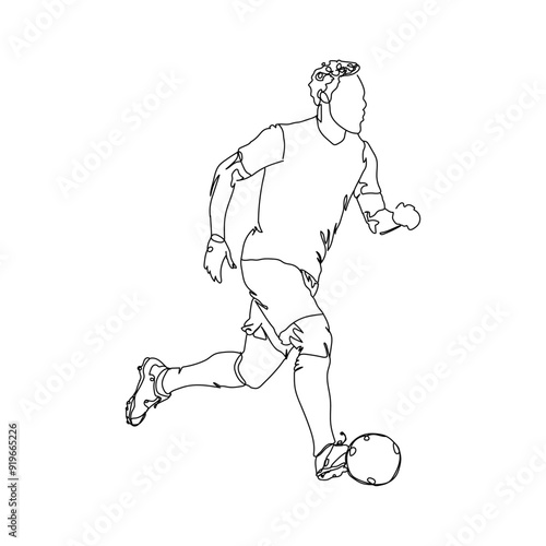 dessin en ligne continue d'un homme jouant au football (soccer), line art, vecteur