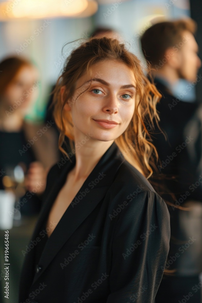 Woman in professional attire looking to the side. She's wearing a blazer and has her hair pulled back. Woman in professional attire looking to the side. She's wearing a blazer and has her hair pulled back.