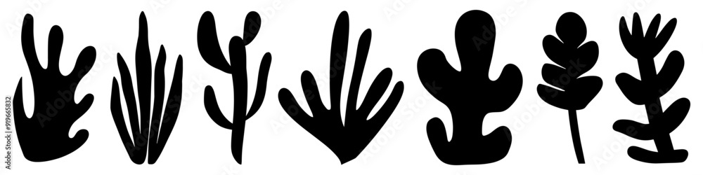 Set of various doodle plant shapes. Simple vector abstract flat illustration, black color, fashion design Set of various doodle plant shapes. Simple vector abstract flat illustration, black color, fashion design