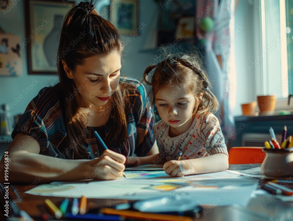Fototapeta premium Woman helping toddler with art, sharing creative moment.