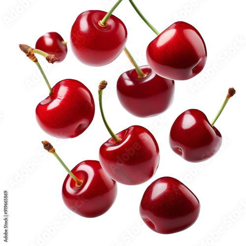 Cherries floating in the air on white transparent png background