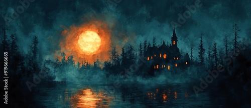 A dark Halloween night scene with haunted decorations like a haunted mansion, eerie fog, and ghostly apparitions, creating a terrifying and atmospheric setting