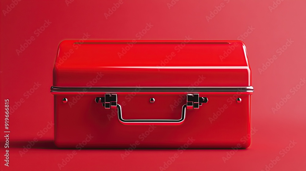 Closed red metal toolbox on a red background. Closed red metal toolbox on a red background.