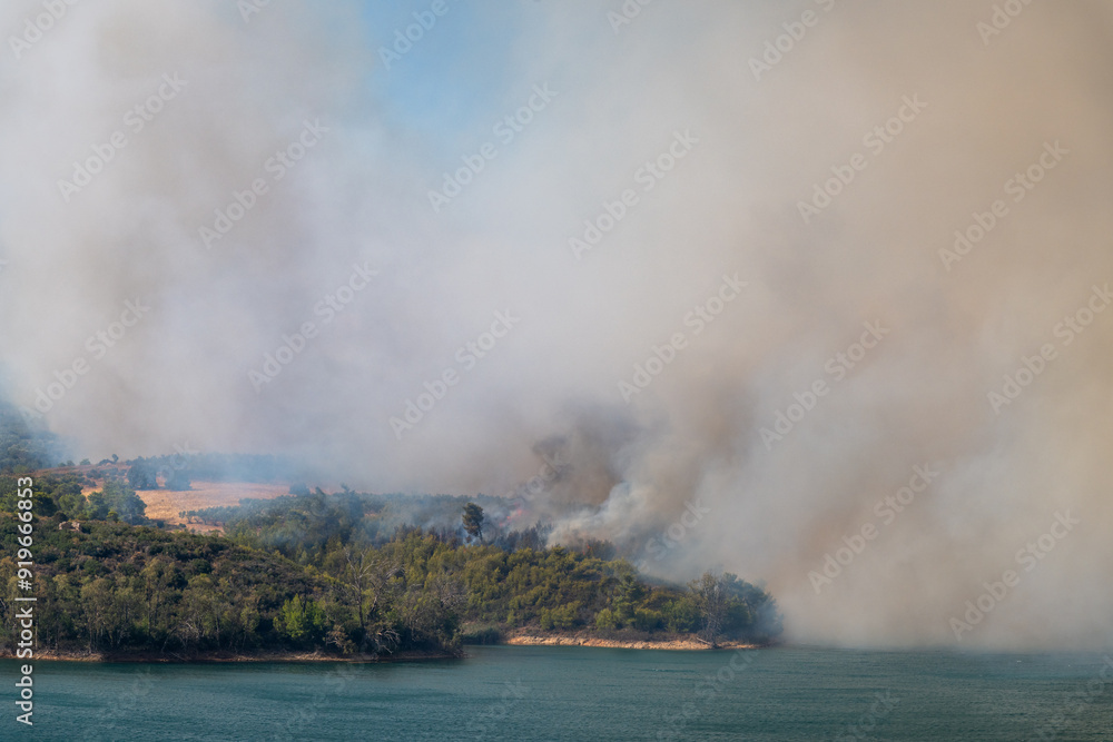 Smoke from a forest fire on the lake