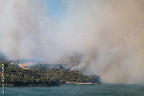 Obraz na płótnie Smoke from a forest fire on the lake w salonie