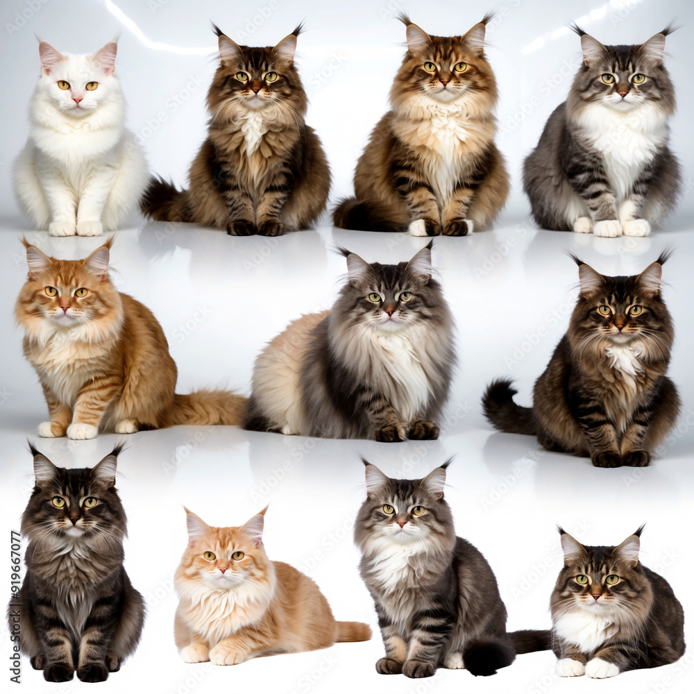 Beautiful Maine Coon cats sitting, standing, lying on a light background. Beautiful Maine Coon cats sitting, standing, lying on a light background.