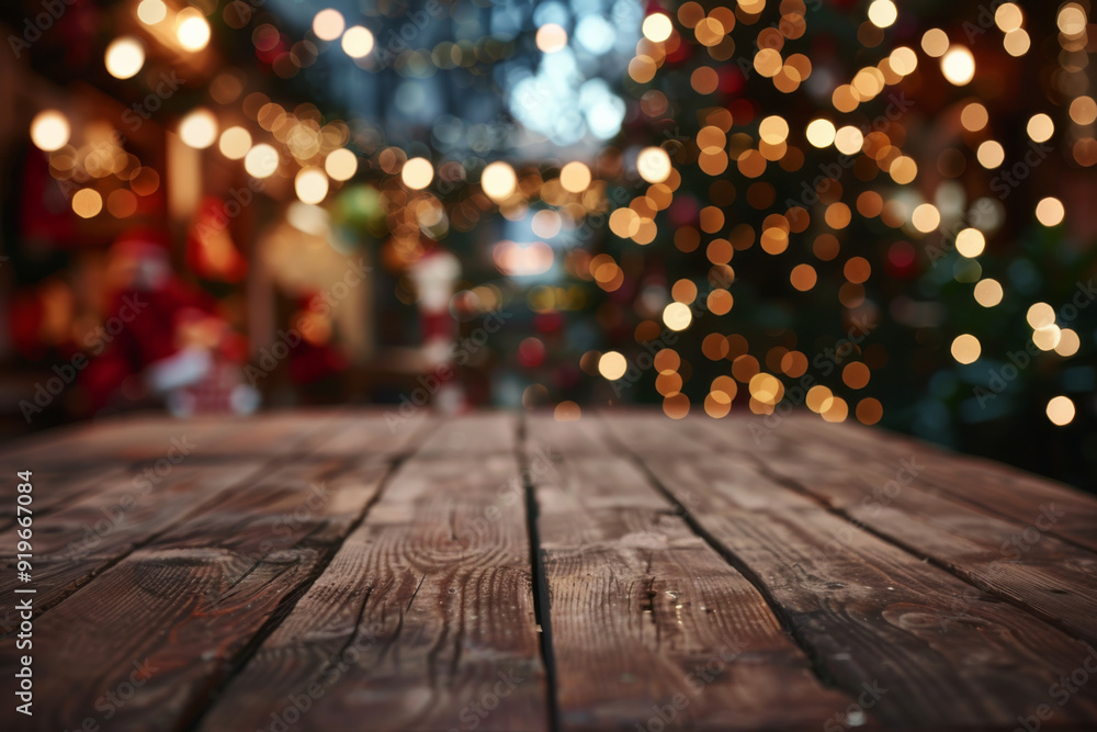 Empty wooden table with a blurred background of Christmas lights and decorations. Empty wooden table with a blurred background of Christmas lights and decorations.