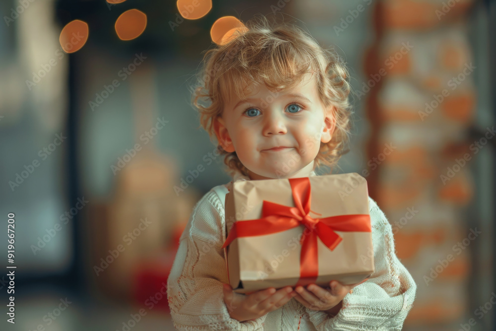 Toddler with big blue eyes holding a Christmas present, festive tree in the background. Toddler with big blue eyes holding a Christmas present, festive tree in the background.