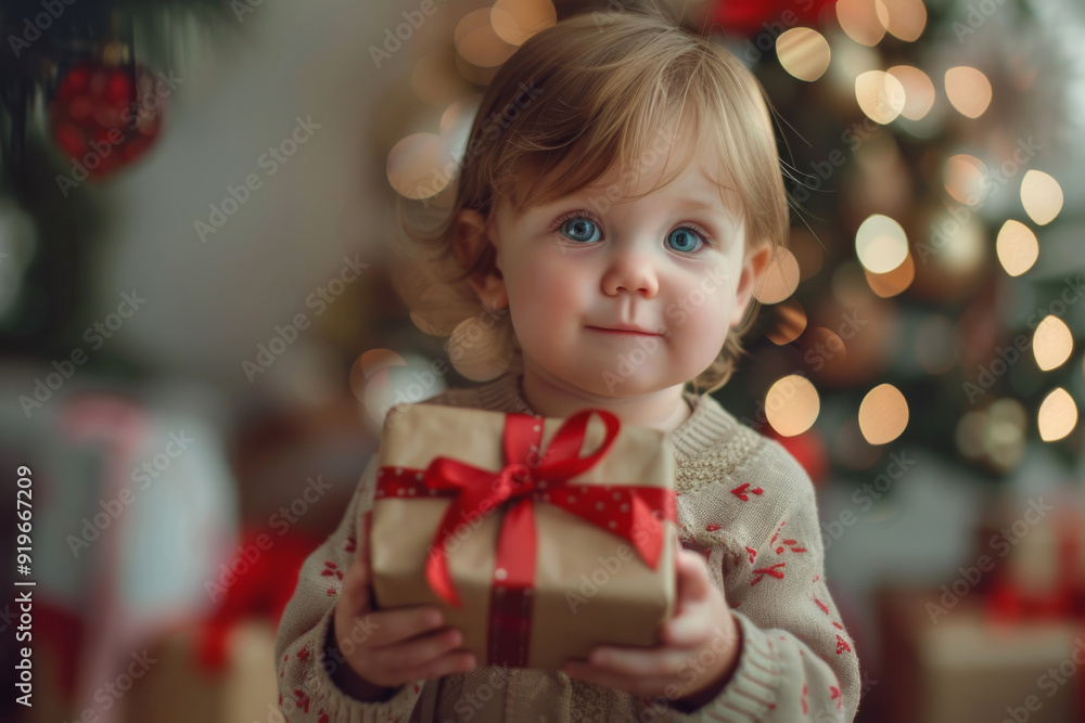 Toddler with big blue eyes holding a Christmas present, festive tree in the background. Toddler with big blue eyes holding a Christmas present, festive tree in the background.