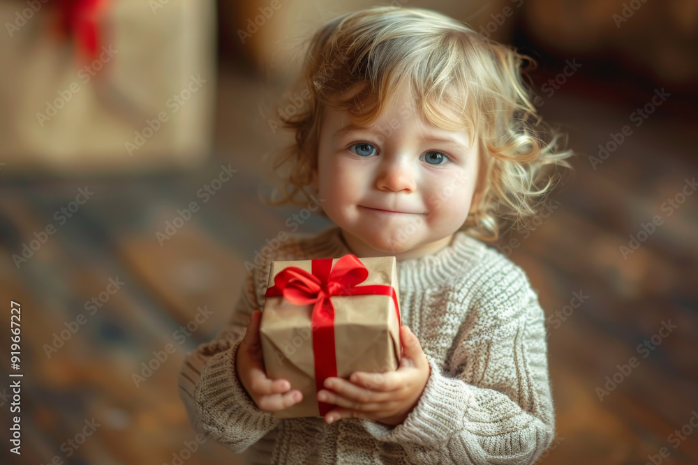 Toddler with big blue eyes holding a Christmas present, festive tree in the background. Toddler with big blue eyes holding a Christmas present, festive tree in the background.
