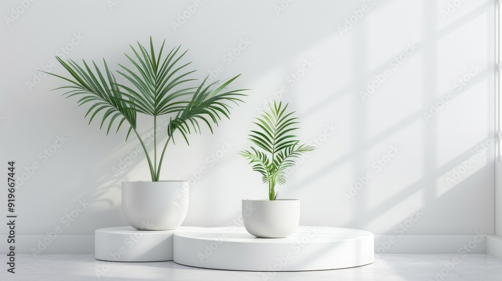 Fototapeta premium Stylish exhibition podium with plant on white background for product presentation.