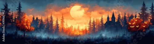 A Halloween celebration with haunted decorations, including haunted house props, spectral figures, and eerie lighting, enhancing the spooky ambiance