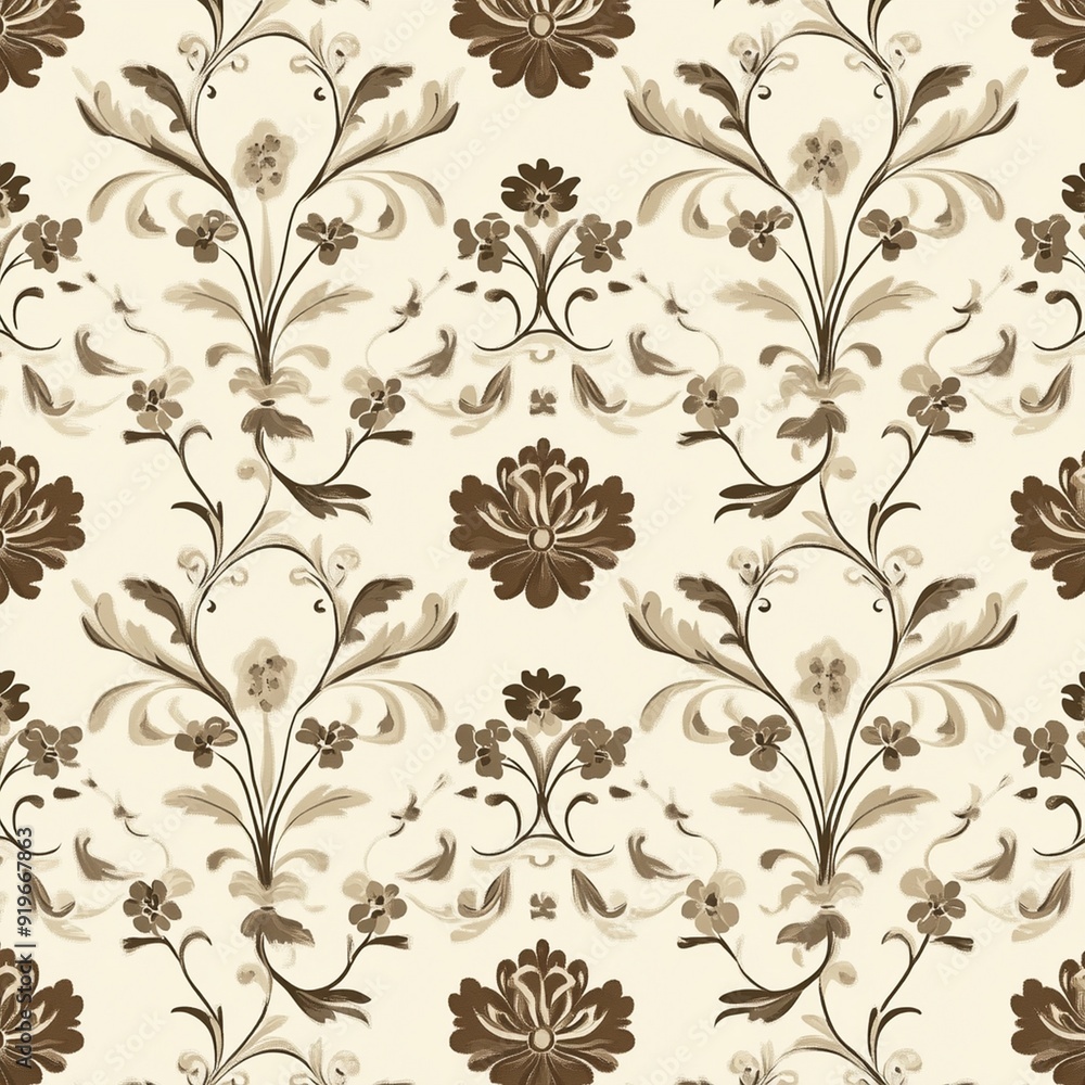 Graceful brown flower patterns intertwined with swirls on a cream-toned surface Graceful brown flower patterns intertwined with swirls on a cream-toned surface