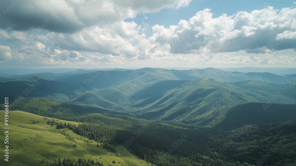 Fototapeta premium A breathtaking aerial view of rolling green mountains, with lush forests and a cloudy sky above.