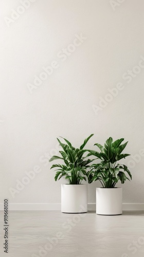 Two potted plants with green leaves in white pots on a white floor and a white wall.