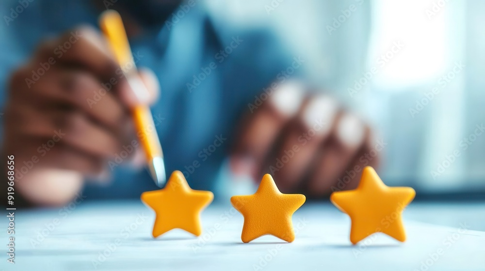 Fototapeta premium A person evaluating a performance with yellow star ratings, emphasizing assessment and feedback in a professional setting.