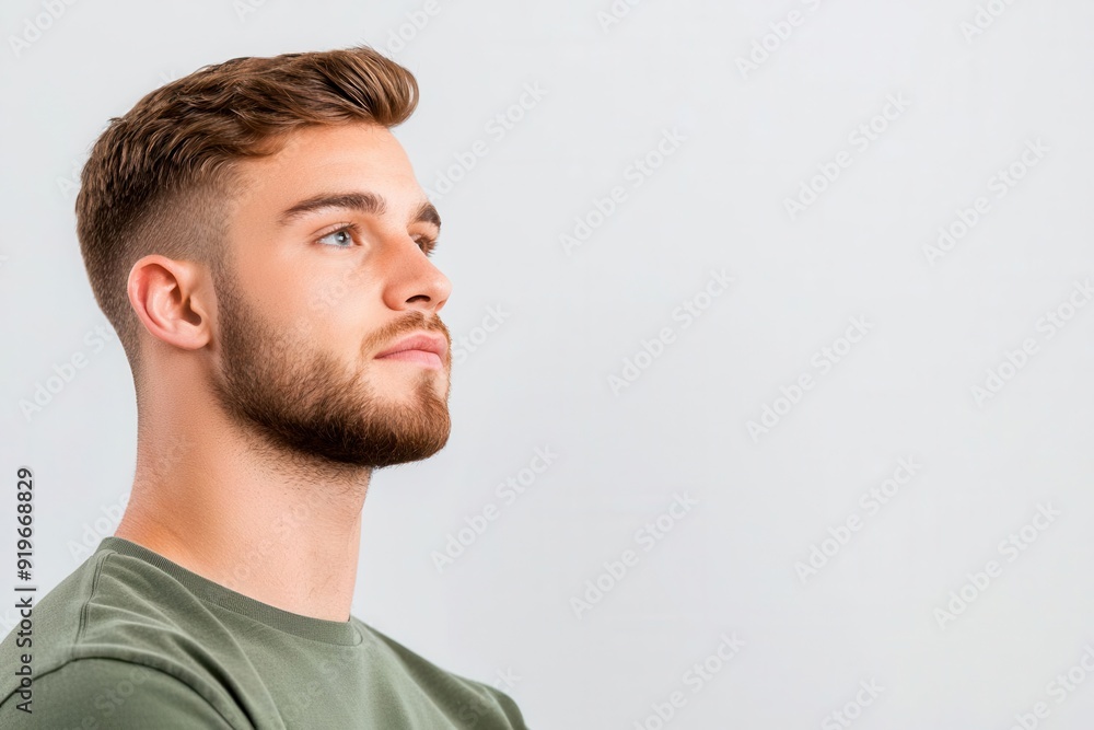 Fototapeta premium A young man gazes thoughtfully to the side, showcasing a modern hairstyle and casual attire against a light background.