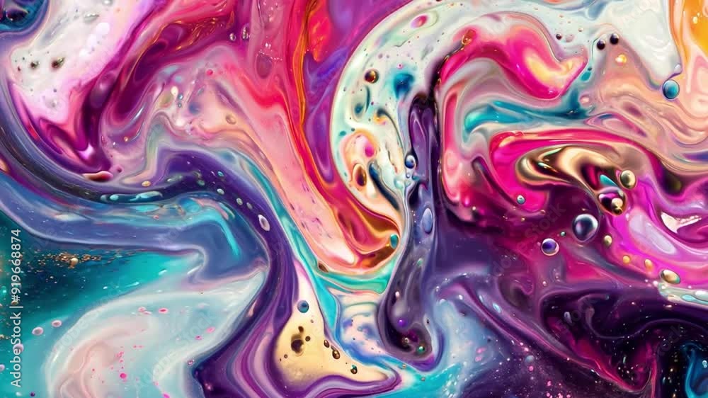 Swirling patterns of vivid colors blend together, showcasing dynamic fluid art created with acrylic paints and bubbles, reflecting creativity and artistic expression